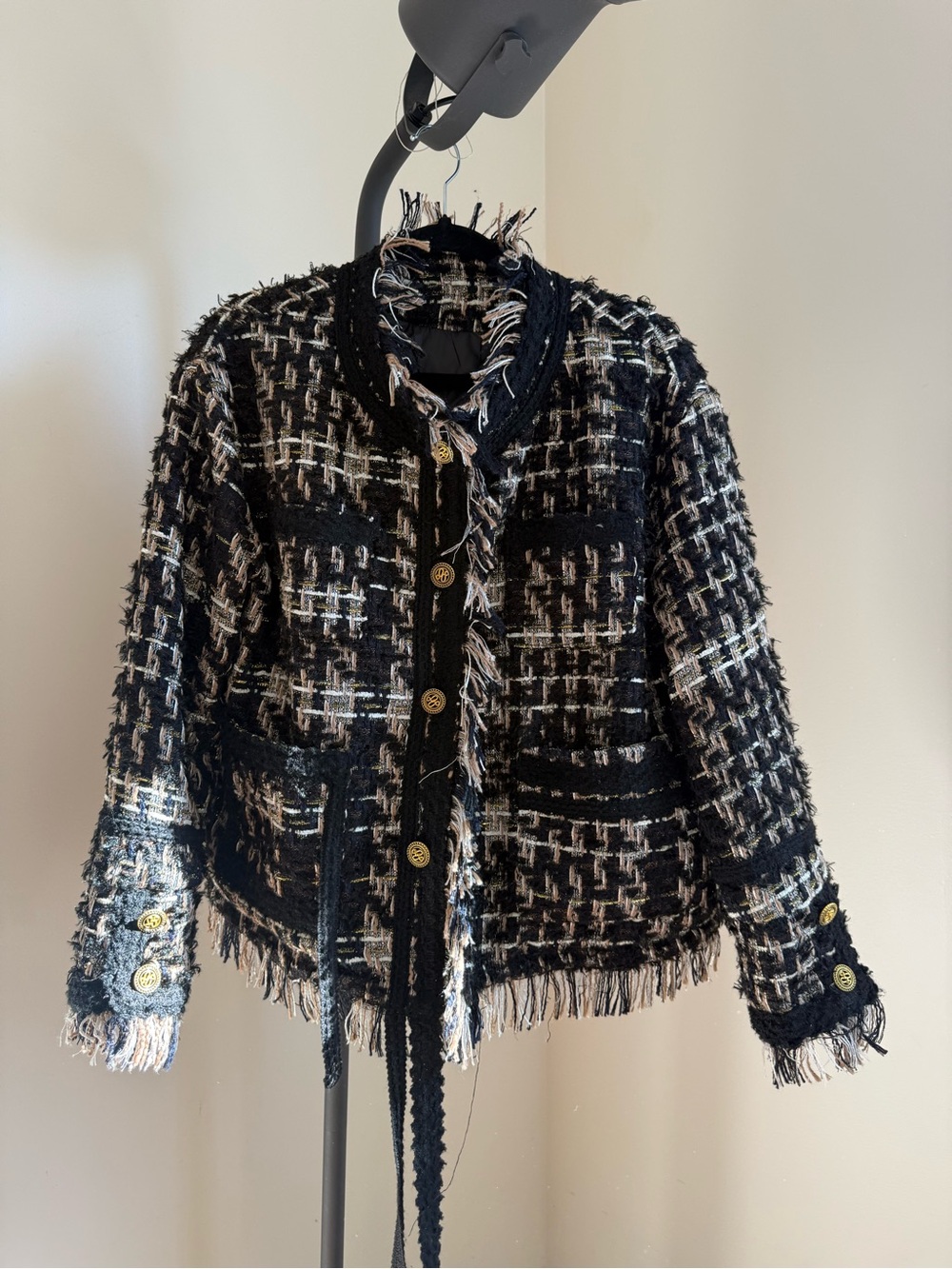 Classic Black & White Tweed Fringe Jacket - Women